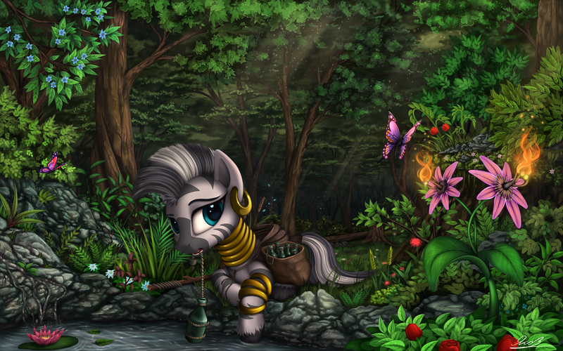 Size: 2300x1438 | Tagged: safe, artist:yakovlev-vad, derpibooru import, zecora, butterfly, zebra, beautiful, bottle, complex background, cute, ear piercing, earring, everfree forest, female, flower, forest, forest background, image, jewelry, looking at you, lotus (flower), mouth hold, neck rings, piercing, png, pond, prone, rope, scenery, scenery porn, solo, tree, zecorable