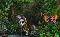 Size: 2300x1438 | Tagged: safe, artist:yakovlev-vad, derpibooru import, zecora, butterfly, zebra, beautiful, bottle, complex background, cute, ear piercing, earring, everfree forest, female, flower, forest, forest background, image, jewelry, looking at you, lotus (flower), mouth hold, neck rings, piercing, png, pond, prone, rope, scenery, scenery porn, solo, tree, zecorable