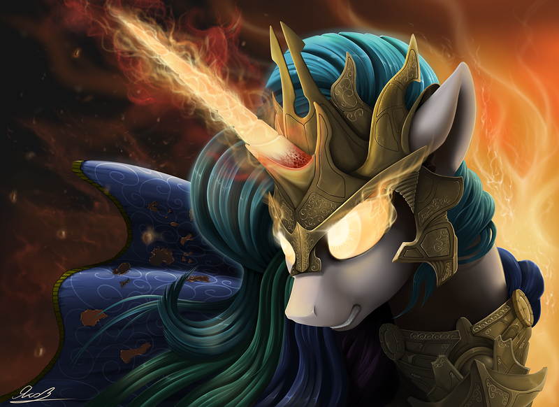 Size: 2200x1600 | Tagged: safe, artist:yakovlev-vad, derpibooru import, princess celestia, alicorn, pony, angry, armor, badass, epic, female, fire, glare, glowing eyes, glowing horn, gritted teeth, magic, mare, rage, ragelestia, solo, this will end in fire, warrior, warrior celestia