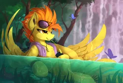 Size: 2300x1542 | Tagged: safe, artist:yakovlev-vad, derpibooru import, spitfire, butterfly, crab, pegasus, pony, semi-anthro, bracelet, chest fluff, cutefire, ear fluff, earbuds, female, fluffy, gritted teeth, human shoulders, humanoid torso, jewelry, leg fluff, lidded eyes, mare, music notes, nature, necklace, on back, raised hoof, relaxing, scenery, sitting, smiling, solo, sunglasses, towel, tree, underhoof, water, wing fluff