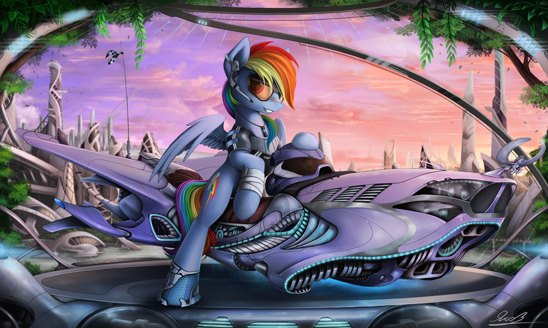 Size: 2500x1498 | Tagged: safe, artist:yakovlev-vad, derpibooru import, rainbow dash, pegasus, pony, badass, clothes, epic, female, future, futuristic, glasses, hoverbike, mare, science fiction, smiling, solo