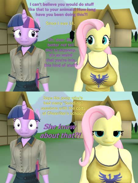 Size: 1626x2160 | Tagged: 3d, anthro, artist:papadragon69, breasts, busty fluttershy, clothes, comic, derpibooru import, explicit link, fluttershy, implied bestiality, implied foalcon, questionable, source filmmaker, tanktop, twilight is a foal fiddler, twilight sparkle