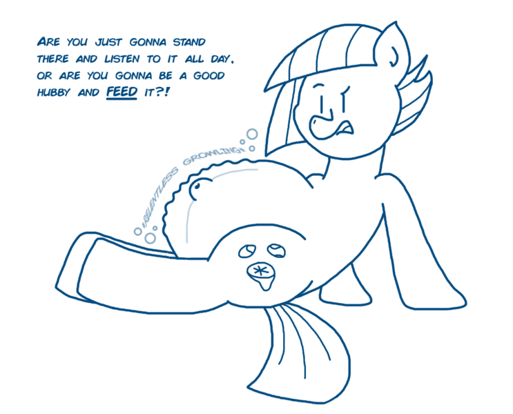 Size: 1038x838 | Tagged: questionable, artist:goodie-bag, derpibooru import, limestone pie, earth pony, pony, angry, belly, belly button, big belly, cutie mark, dialogue, female, hangry, hungry, looking at you, mare, monochrome, onomatopoeia, open mouth, outie belly button, paint.net, png, pregnant, raised eyebrow, simple background, solo, solo female, speech, stomach growl, stomach noise, talking to viewer, text, white background