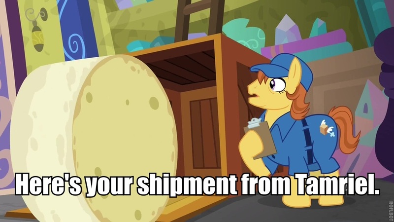 Size: 960x540 | Tagged: a matter of principals, bulk shipment, cheese wheel, crate, delivery pony, derpibooru import, image macro, limburger cheese, meme, safe, screencap, silly, skyrim, tamriel, the elder scrolls