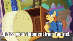 Size: 960x540 | Tagged: a matter of principals, bulk shipment, cheese wheel, crate, delivery pony, derpibooru import, image macro, limburger cheese, meme, safe, screencap, silly, skyrim, tamriel, the elder scrolls