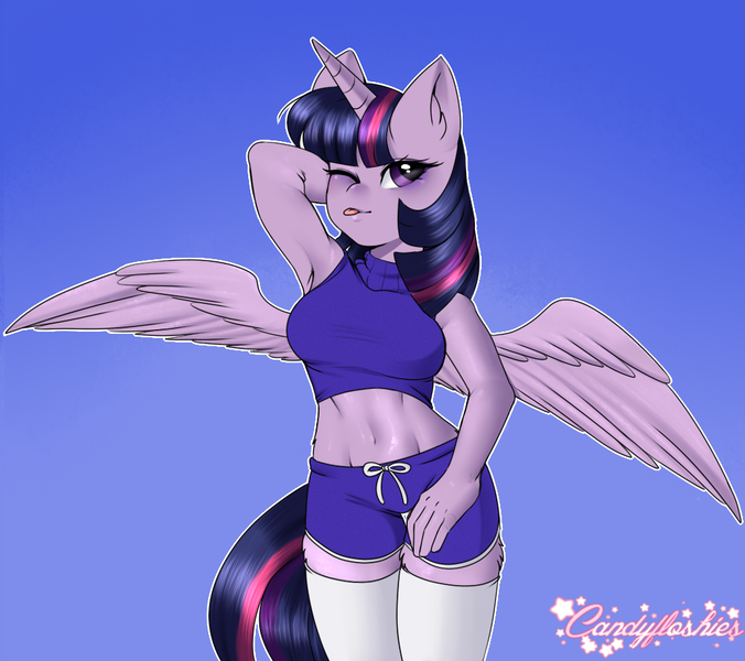 Size: 1029x913 | Tagged: safe, artist:kei kun, derpibooru import, twilight sparkle, twilight sparkle (alicorn), alicorn, anthro, adorasexy, arm behind head, armpits, belly button, clothes, cute, female, gym uniform, midriff, one eye closed, sexy, solo, stockings, thigh highs, tongue out, wings, wink
