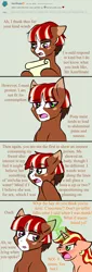 Size: 710x2086 | Tagged: safe, artist:jolliapplegirl, derpibooru import, oc, oc:chocolate cheesecake, oc:sweet deal, earth pony, pony, unicorn, comic, dialogue, female, male, mare, next generation, offspring, parent:applejack, parent:cheese sandwich, parent:flim, parent:pinkie pie, parents:cheesepie, parents:flimjack, reply, stallion, step father