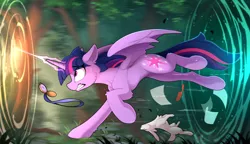 Size: 2400x1384 | Tagged: safe, artist:yakovlev-vad, derpibooru import, twilight sparkle, twilight sparkle (alicorn), alicorn, pony, rabbit, alice in wonderland, comb, female, glowing horn, gotta go fast, magic, mare, now you're thinking with portals, paper, portal, running, solo, sweat, sweatdrop, watch
