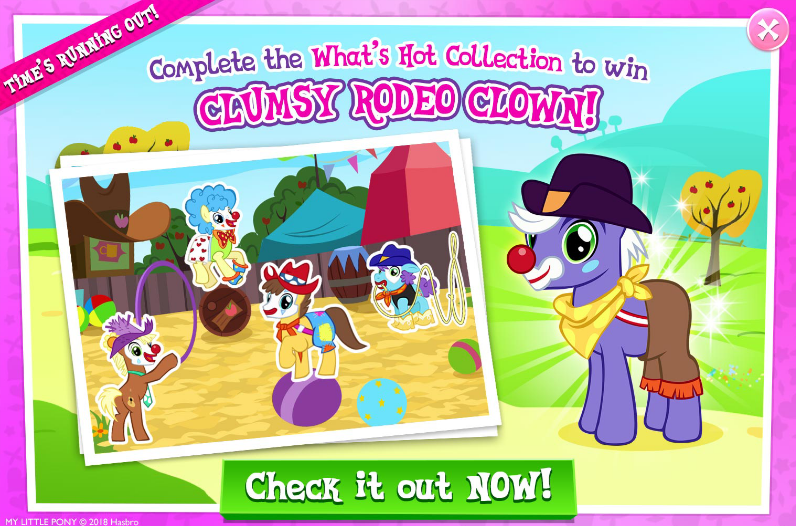 Size: 796x526 | Tagged: safe, derpibooru import, official, caramel, meadow song, unnamed pony, earth pony, pony, appleoosa's most wanted, advertisement, background pony, ball, clown, collection, gameloft, hehe helium, male, rodeo clown, stallion