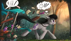 Size: 2485x1435 | Tagged: safe, artist:yakovlev-vad, derpibooru import, octavia melody, earth pony, pony, calendar, clock, comb, exclamation point, female, floppy ears, fluffy, late, mare, paper, running, saddle bag, solo, thought bubble