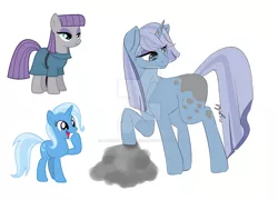 Size: 1024x739 | Tagged: safe, artist:blackdawnyaoilover, derpibooru import, maud pie, trixie, earth pony, pony, unicorn, female, lesbian, mare, mauxie, open mouth, parent:maud pie, parent:trixie, parents:mauxie, raised hoof, shipping, simple background, smiling, white background
