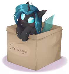 Size: 1555x1651 | Tagged: safe, artist:pledik808, derpibooru import, oc, oc:shifter, unofficial characters only, changeling, pony, blushing, box, changeling in a box, changeling oc, cute, cute little fangs, cuteling, digital art, fangs, looking up, male, ocbetes, pony in a box, signature, simple background, solo, trash can, white background, ych result