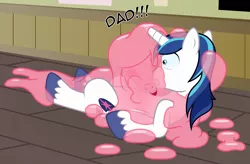 Size: 2870x1882 | Tagged: safe, artist:badumsquish, derpibooru import, shining armor, oc, oc:quiddity, goo pony, original species, pony, unicorn, cute, dialogue, duo, eyes closed, father and daughter, female, gritted teeth, hape, happy, hug, male, on back, parent:shining armor, pinned, pounce, shocked, show accurate, splatter, suffocating, surprised, unshorn fetlocks, what a twist, wide eyes