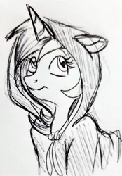 Size: 1554x2235 | Tagged: safe, artist:smirk, derpibooru import, lyra heartstrings, pony, unicorn, bust, clothes, grayscale, hoodie, monochrome, portrait, sketch, solo, traditional art