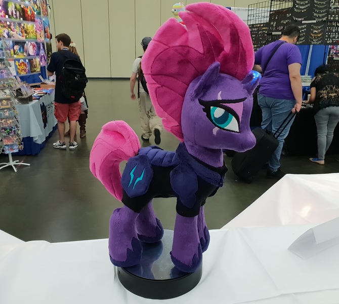 Size: 3224x2888 | Tagged: safe, artist:epicrainbowcrafts, derpibooru import, tempest shadow, human, pony, bronycon, broken horn, eye scar, hoof shoes, irl, irl human, photo, plushie, scar, solo