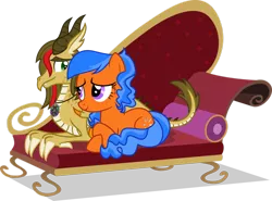 Size: 1024x758 | Tagged: safe, artist:mlp-trailgrazer, derpibooru import, oc, oc:secret dreamer, oc:vector, unofficial characters only, dragon, earth pony, pony, couch, female, male, mare, prone, simple background, transparent background, vector