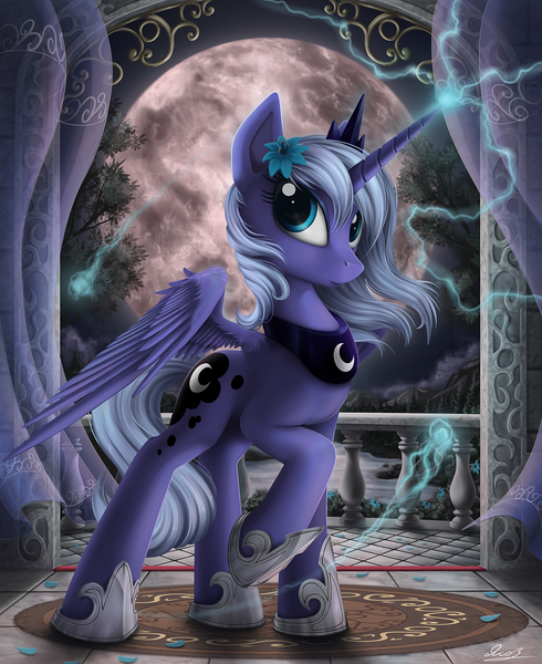 Size: 1600x1959 | Tagged: safe, artist:yakovlev-vad, derpibooru import, princess luna, alicorn, pony, female, glowing horn, hoof shoes, jewelry, lightning, looking at you, magic, mare, moon, regalia, s1 luna, solo