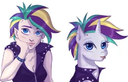 Size: 1376x882 | Tagged: safe, artist:bubblenote, derpibooru import, rarity, human, pony, :p, alternate hairstyle, clothes, female, humanized, looking at you, punk, raripunk, silly, simple background, tongue out, white background