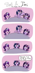 Size: 2340x4853 | Tagged: safe, artist:duop-qoub, derpibooru import, starlight glimmer, twilight sparkle, twilight sparkle (alicorn), alicorn, pony, unicorn, descended twilight, bags under eyes, blushing, burger, comic, dialogue, eating, food, future future twilight, multeity, ponies eating meat, speech bubble, twilight burgkle, wing hands, woonoggles