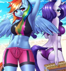 Size: 2542x2750 | Tagged: suggestive, artist:twistedscarlett60, derpibooru import, rainbow dash, rarity, anthro, pegasus, unicorn, equestria girls, equestria girls series, arm behind head, armpits, ass, basket, beach, belly button, bikini, bikini bottom, blue eyes, blushing, board shorts, breasts, clothes, cloud, female, happy, looking at you, looking back, mare, midriff, ocean, open mouth, pink eyes, purple swimsuit, sand, sexy, shorts, sky, smiling, sultry pose, swimming trunks, swimsuit, thighs, water, watermark