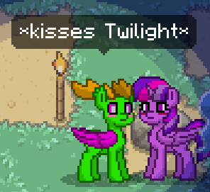 Size: 296x271 | Tagged: safe, derpibooru import, thorax, twilight sparkle, twilight sparkle (alicorn), alicorn, changedling, changeling, pony, pony town, antlers, blushing, female, grass, king thorax, male, shipping, straight, text, torch, twirax