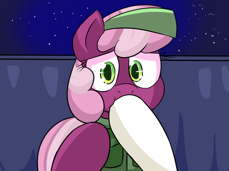 Size: 1280x960 | Tagged: safe, artist:zanezandell, derpibooru import, cheerilee, oc, oc:wispy winds, comic:cmcnext, cmcnext, headband, hoof in mouth, hooves, looking at you, misleading thumbnail, night, shut up, story included, this will end in death, this will end in tears