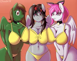 Size: 5300x4200 | Tagged: absurd resolution, alternate version, anthro, anthro oc, artist:chowdie, belly button, big breasts, bikini, breasts, cat ears, cleavage, clothes, collar, derpibooru import, female, females only, hairclip, nudity, oc, oc:envy the darksider, oc:lust the darksider, oc:wrath the darksider, pegasus, suggestive, swimsuit, unofficial characters only, yellow swimsuit