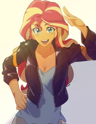 Size: 2550x3300 | Tagged: safe, artist:rustyartist, derpibooru import, sunset shimmer, equestria girls, anime, breasts, cleavage, female, looking at you, open mouth, smiling, solo