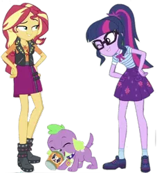 Size: 838x921 | Tagged: safe, artist:superbobiann, derpibooru import, editor:superbobiann, sci-twi, spike, spike the regular dog, sunset shimmer, twilight sparkle, dog, equestria girls, equestria girls series, boots, clothes, geode of empathy, geode of telekinesis, glasses, jacket, paws, ponytail, shoes, simple background, skirt, transparent background