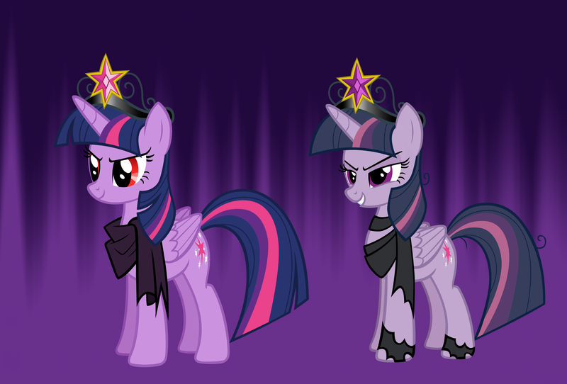 Size: 2656x1800 | Tagged: safe, artist:andoanimalia, derpibooru import, idw, mean twilight sparkle, twilight sparkle, twilight sparkle (alicorn), alicorn, pony, ponies of dark water, the mean 6, abstract background, alternate universe, big crown thingy, clone, clothes, corrupted twilight sparkle, element of magic, evil, female, jewelry, purple background, red eyes, regalia, scarf, simple background