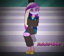 Size: 874x768 | Tagged: suggestive, artist:snakeythingy, derpibooru import, princess cadance, equestria girls, friendship games, bondage, cloth gag, damsel in distress, dean cadance, dialogue, gag, looking at you, manip, muffled words, photomanipulation, rope, rope bondage, tied up