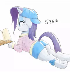 Size: 900x938 | Tagged: safe, artist:raikoh, derpibooru import, rarity, pony, unicorn, friendship university, backwards ballcap, baseball cap, book, cap, clothes, female, hat, mare, plainity, prone, shorts, solo