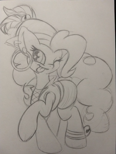 Size: 3024x4032 | Tagged: safe, artist:zemer, derpibooru import, pinkie pie, ear piercing, earring, gypsy pie, jewelry, monochrome, one eye closed, pencil drawing, piercing, tongue out, traditional art, wink