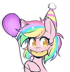 Size: 1105x1145 | Tagged: safe, artist:higgly-chan, derpibooru import, oc, oc:paper stars, unofficial characters only, bat pony, pony, balloon, banana, bat pony oc, female, food, hat, mare, mouth hold, party hat, rainbow hair, simple background, solo, white background