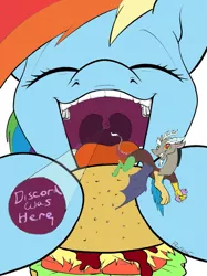 Size: 767x1025 | Tagged: safe, artist:ponythroat, color edit, derpibooru import, edit, editor:neoar2000, discord, rainbow dash, draconequus, pegasus, pony, fanfic:a small issue, burger, colored, eating, eyes closed, fanfic art, female, food, graffiti, hay burger, human teeth, male, mare, mawshot, one eye closed, open mouth, smiling, unaware, uvula, vore day, wink, zoom layer