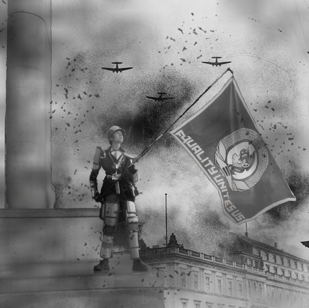 Size: 1067x1064 | Tagged: armor, barely pony related, black and white, bronycon, bronycon 2018, clothes, communism, cosplay, costume, derpibooru import, flag, grayscale, human, irl, irl human, monochrome, photo, photoshop, safe, solo, soviet, stalin glimmer, starlight glimmer, world war ii
