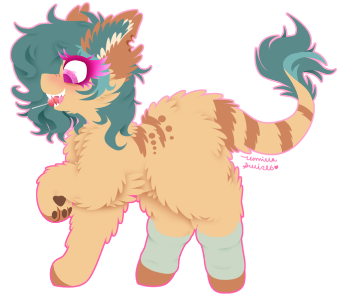 Size: 1024x887 | Tagged: artist:vanillaswirl6, candy, chest fluff, chibi, commission, derpibooru import, ear fluff, fluffy, food, hybrid, leg warmers, leonine tail, lollipop, oc, oc:izzy, open mouth, paws, safe, signature, simple background, tail fluff, transparent background, unofficial characters only