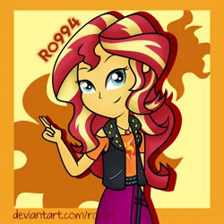 Size: 1500x1500 | Tagged: safe, artist:ro994, derpibooru import, sunset shimmer, equestria girls, equestria girls series, clothes, female, geode of empathy, jacket, leather, leather jacket, skirt, smiling, solo