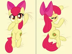 Size: 1515x1142 | Tagged: safe, artist:lockerobster, derpibooru import, edit, editor:deserter, apple bloom, earth pony, pony, alternate cutie mark, body pillow, body pillow design, butt, colored pupils, cute, female, filly, freckles, hip freckles, looking at you, looking back, plot, shoulder freckles, smiling, solo