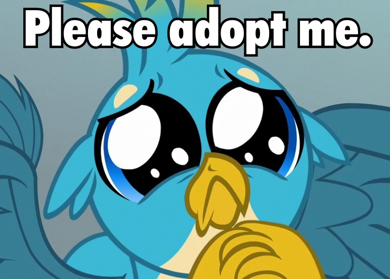 Size: 771x552 | Tagged: safe, derpibooru import, edit, edited screencap, screencap, gallus, gryphon, school daze, adoption, begging, bronybait, cute, gallabetes, image macro, meme, puppy dog eyes, puppy-eyed gallus, sad, solo