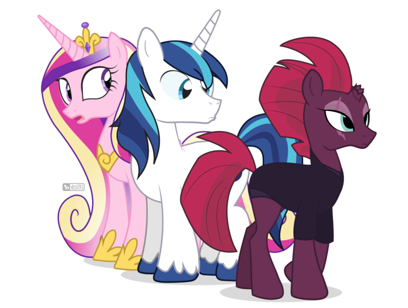 Size: 1125x850 | Tagged: safe, artist:dm29, derpibooru import, fizzlepop berrytwist, princess cadance, shining armor, tempest shadow, alicorn, pony, unicorn, broken horn, distracted boyfriend meme, eye scar, female, looking back, male, mare, married couple, mohawk, scar, scared, shiningcadance, shiningshadow, shipping, simple background, stallion, straight, this will end in a night on the couch, transparent background, trio, unshorn fetlocks, walking