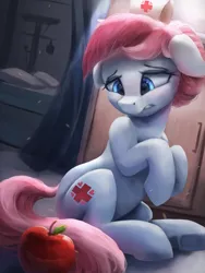 Size: 2250x3000 | Tagged: safe, artist:vanillaghosties, derpibooru import, nurse redheart, earth pony, pony, adorable distress, an apple a day, anatomically incorrect, apple, atg 2018, cute, female, floppy ears, food, frown, fruit, gritted teeth, heartabetes, high res, hospital, human shoulders, incorrect leg anatomy, lidded eyes, looking at something, mare, newbie artist training grounds, nurse, pun, scared, sitting, solo, underhoof, visual pun