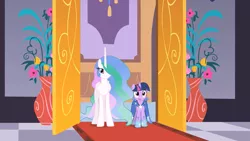 Size: 1280x720 | Tagged: safe, artist:estories, derpibooru import, edit, edited screencap, editor:slayerbvc, screencap, vector edit, princess celestia, twilight sparkle, alicorn, pony, unicorn, the best night ever, accessory-less edit, barehoof, clothes, dress, female, gala dress, grand galloping gala, mare, missing accessory, smiling, vector