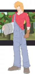 Size: 1975x4149 | Tagged: artist:slipe, beard, big macintosh, boots, clothes, derpibooru import, facial hair, gloves, human, humanized, light skin, male, overalls, pants, safe, shirt, shoes, solo, toothpick