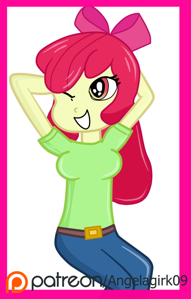 Size: 1280x2000 | Tagged: safe, artist:angelagirk08, derpibooru import, apple bloom, equestria girls, looking at you, one eye closed, simple background, solo, white background, wink