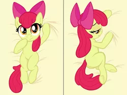Size: 1515x1142 | Tagged: safe, artist:lockerobster, derpibooru import, edit, editor:deserter, apple bloom, earth pony, pony, blank flank, body pillow, body pillow design, butt, cute, female, filly, looking at you, looking back, plot, smiling, solo
