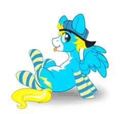 Size: 4584x4091 | Tagged: safe, artist:hellishprogrammer, derpibooru import, oc, oc:yellow flash, pegasus, pony, absurd resolution, backwards ballcap, baseball cap, cap, clothes, hat, male, simple background, socks, solo, stallion, striped socks, tongue out, transparent background