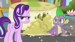 Size: 1920x1080 | Tagged: safe, derpibooru import, screencap, spike, starlight glimmer, dragon, pony, unicorn, a matter of principals, cheese, duo, female, food, limburger cheese, male, mare, plot, smelly, stink lines, winged spike