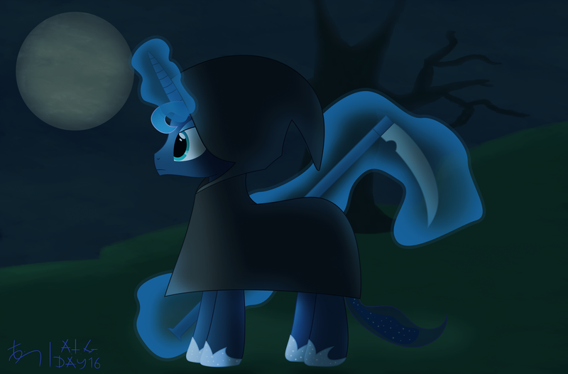 Size: 4027x2648 | Tagged: artist:thedarksatanicorn, atg 2018, cloak, clothes, derpibooru import, glowing horn, grim reaper, magic, newbie artist training grounds, night, princess luna, safe, scythe, solo, telekinesis, tree