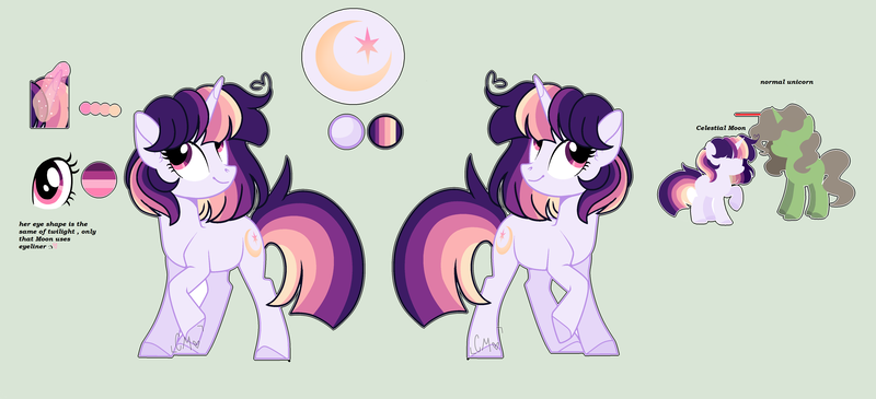 Size: 5043x2304 | Tagged: safe, artist:moon-rose-rosie, derpibooru import, oc, oc:celestial moon, pony, unicorn, female, magical lesbian spawn, mare, offspring, parent:rainbow dash, parent:twilight sparkle, parents:twidash, reference sheet, solo